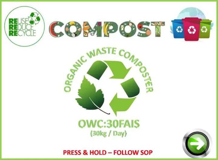 Composter touch screen, start page with the model name and a green arrow