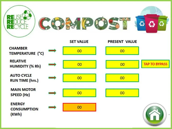 Settings page with set and present values for temperature, humidity, run time and motor speed