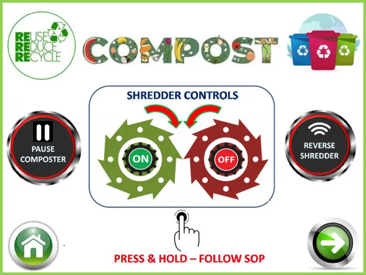 Shredder control page with ON, OFF, Reverse shredder and Pause composter buttons